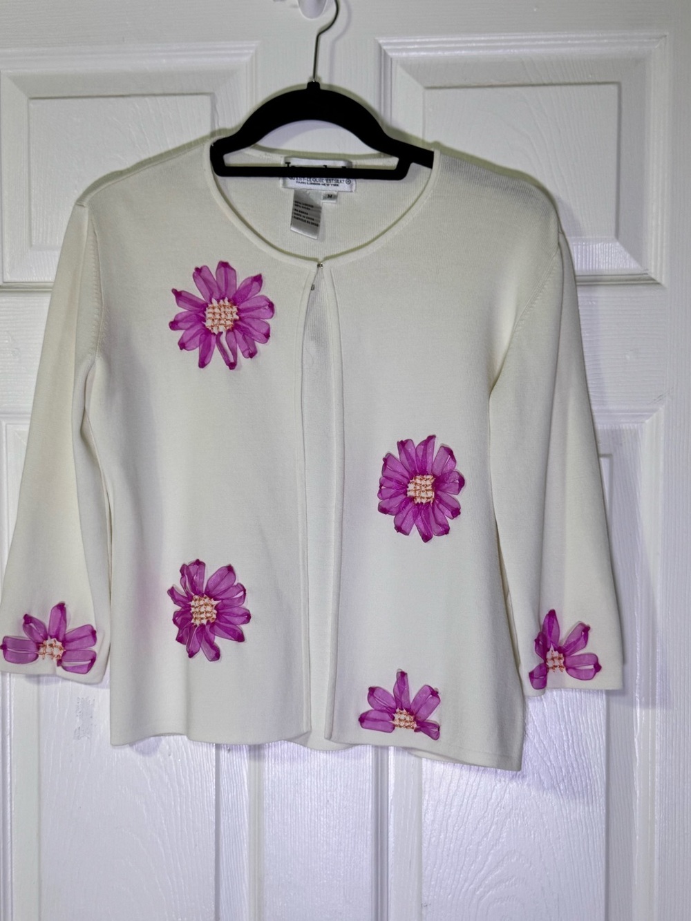 Joseph A. Floral Ribbon Applique Open Front Knit Cardigan - Size M